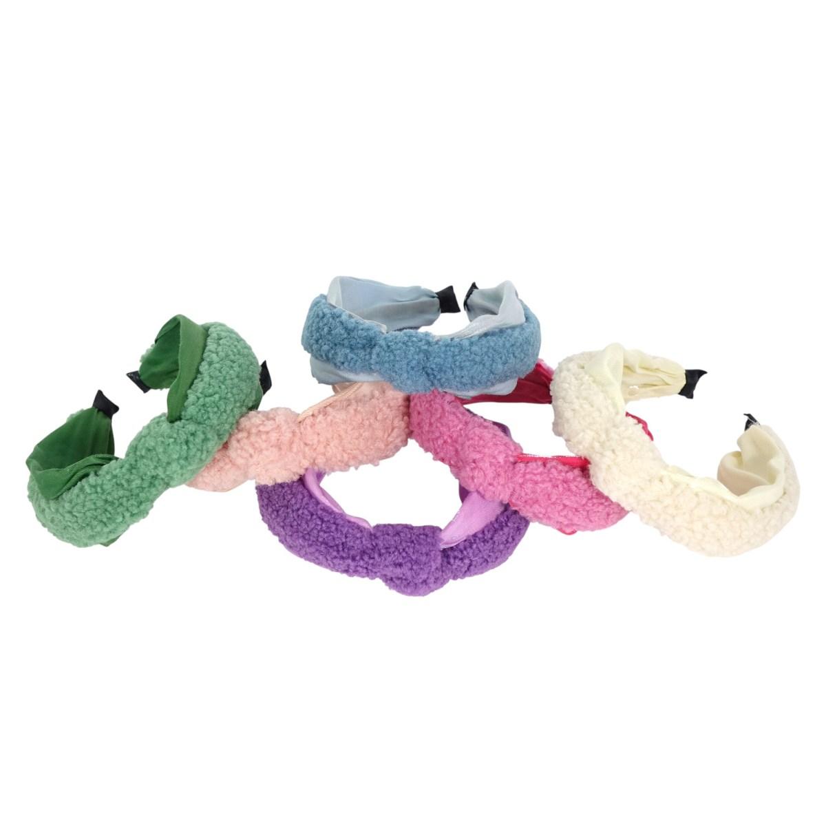 Cerchietto per capelli doppio tessuto teddy e raso iridescente con nodo colori assortiti Lill