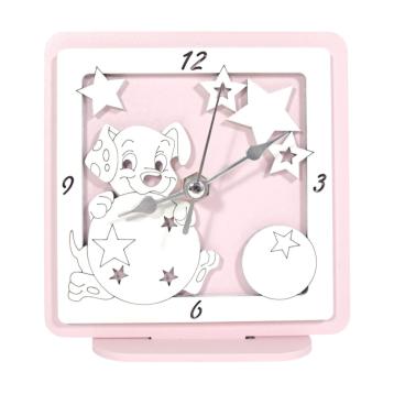 Orologio piccolo in legno da tavolo cane rosa bimba 12,5x12 cm