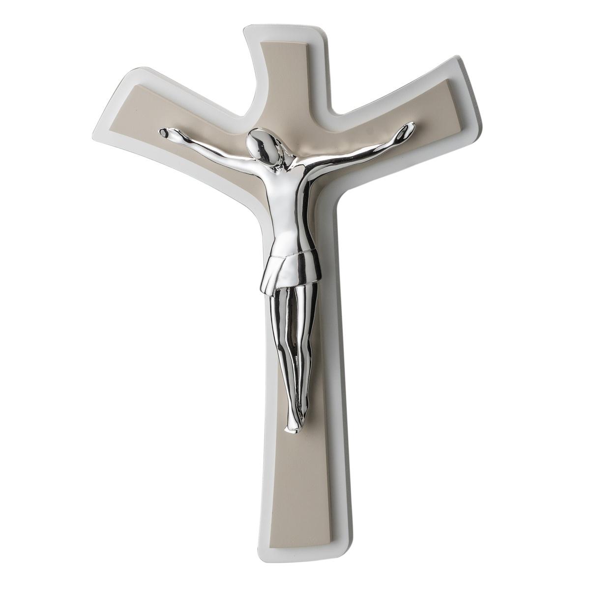 Cristo crocifisso stilizzato argento su croce legno bianco e tortora 29 x 45 Cm