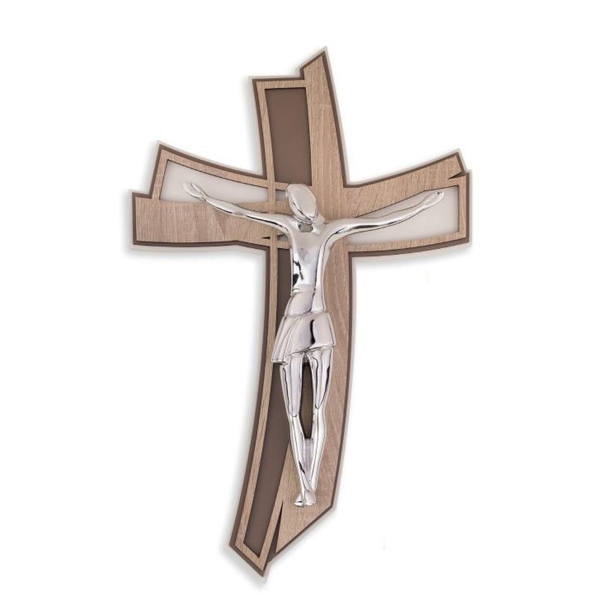 Cristo stilizzato argento su croce curva olmo grigio 23x15 cm