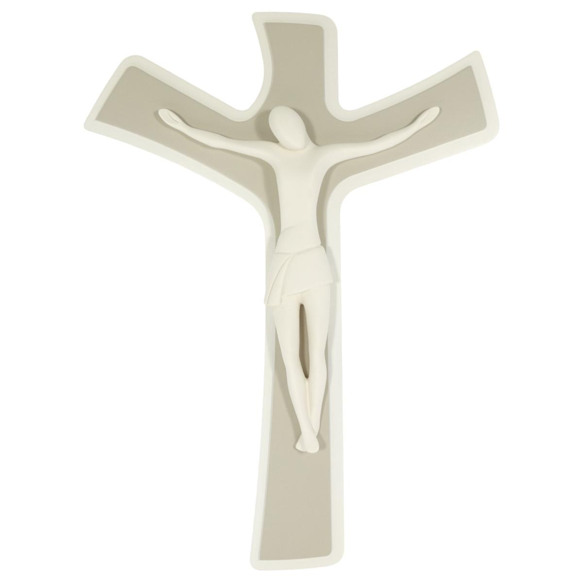 Cristo crocifisso stilizzato bianco su croce legno bianco e tortora 29 x 45 cm