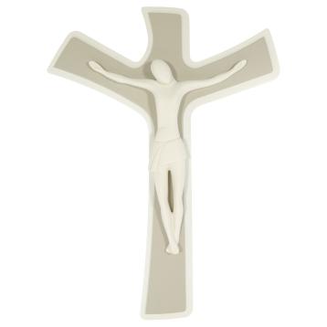 Cristo crocifisso stilizzato bianco su croce legno bianco e tortora 29 x 45 cm