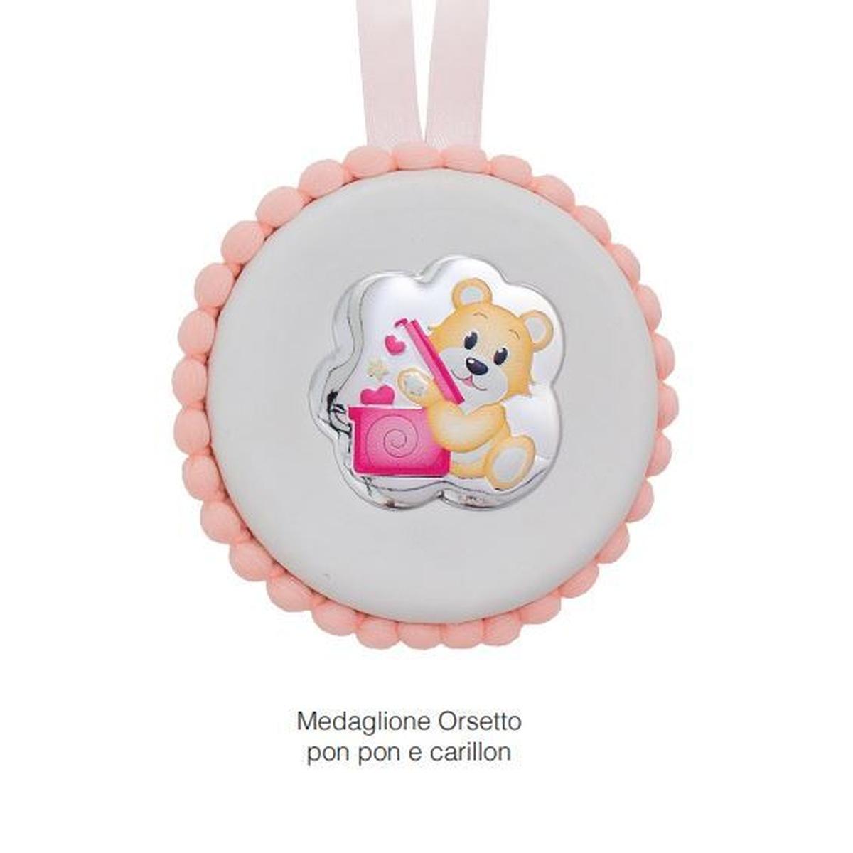 Medaglione tondo 10 cm con pon pon e carillon orsetto baby dream Rosa