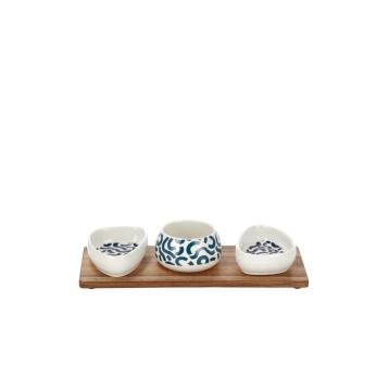 Set 3 ciotole in porcellana con vassoio in bamboo - vassoio 32 x 14 cm