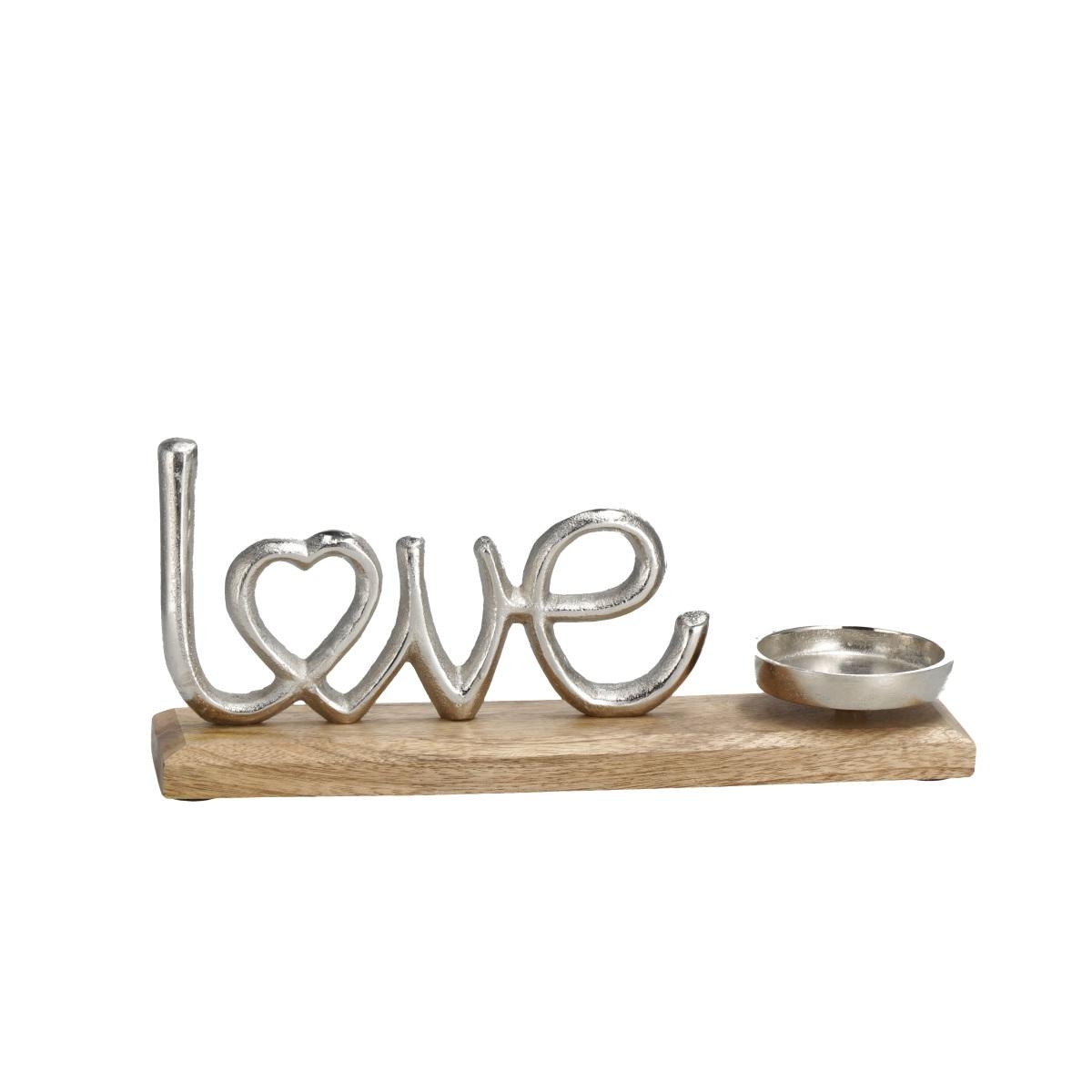 Decorazione in metallo modello love con base in legno e porta tea light 29 x 7,5 x h12 cm