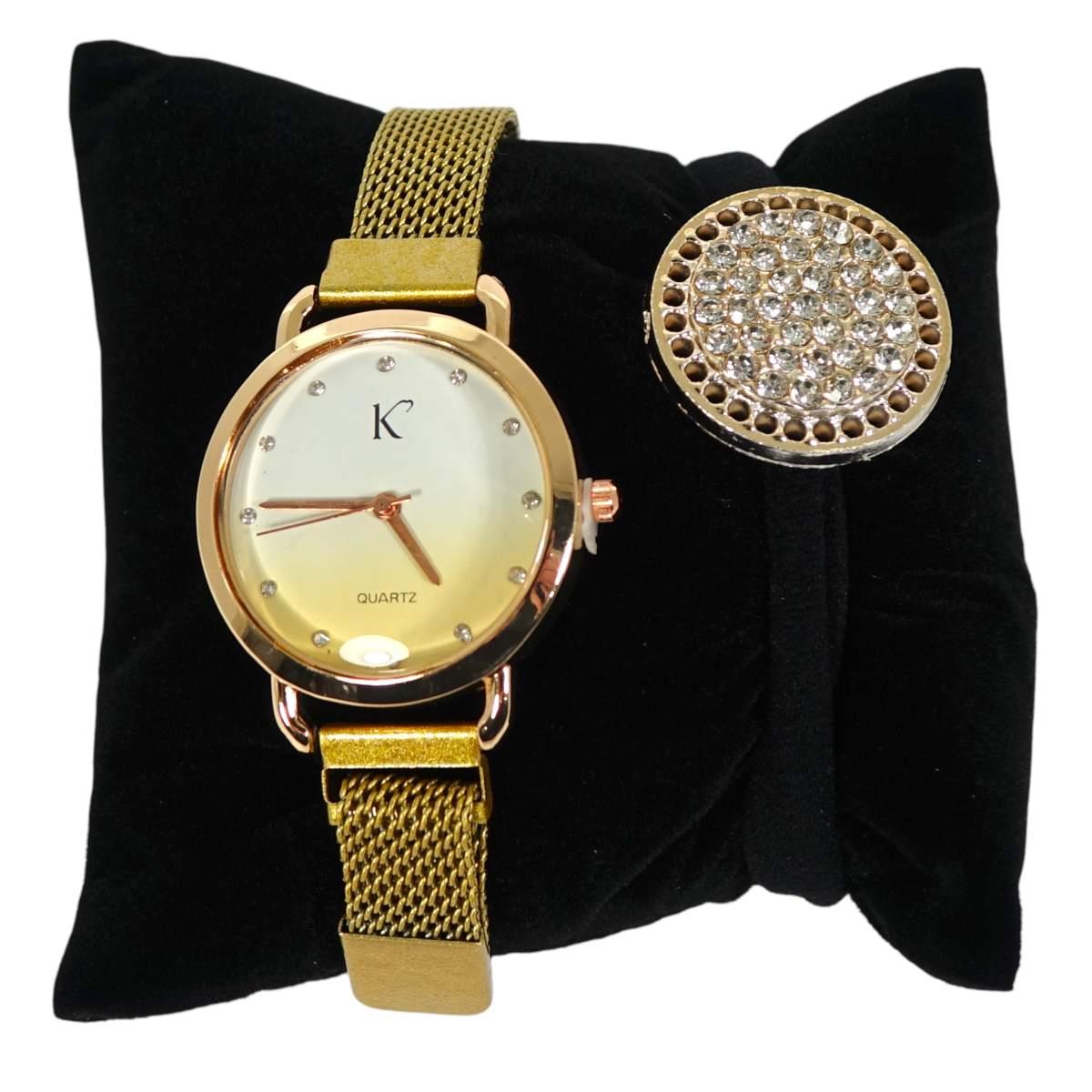 Orologio da polso analogico donna con cinturino in metallo ed elastico fermacoda con brillantini Le Kikke