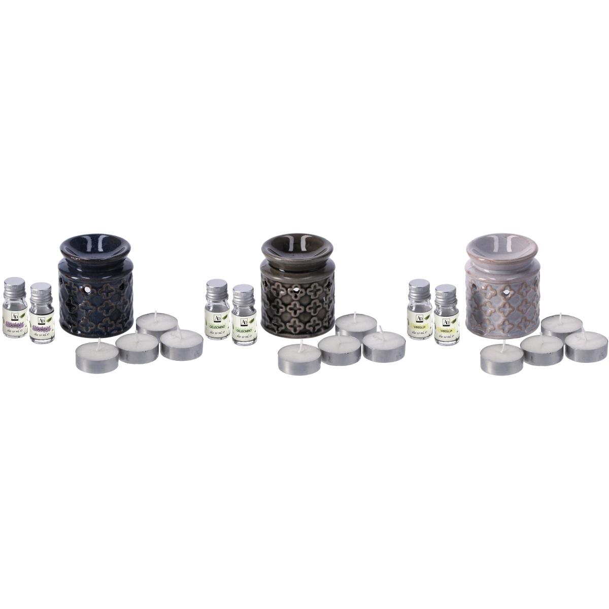 Kit per profumazione brucia oli in ceramica d6,5xh7,5 cm con 4 tea light e 2 oli 5 ml