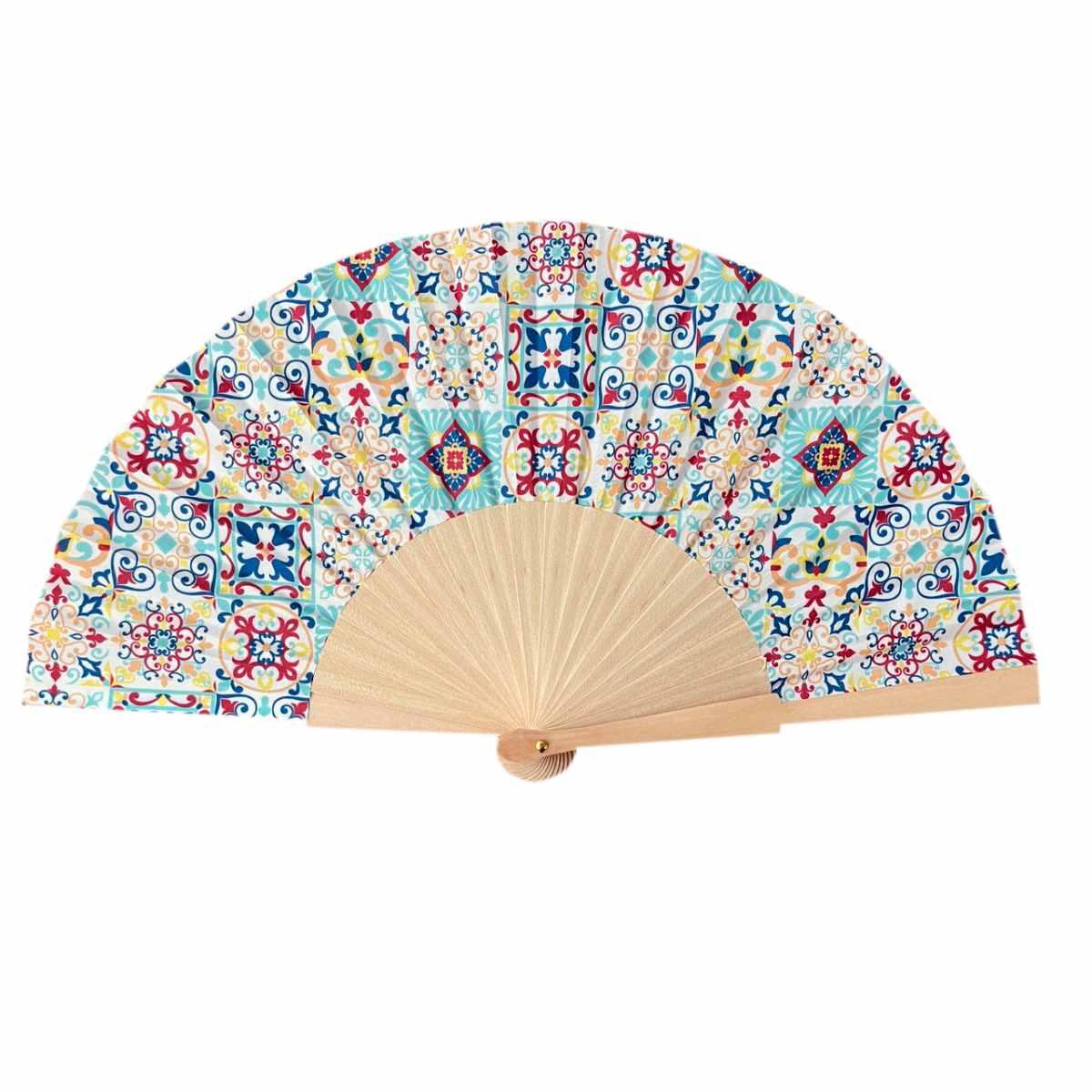 Ventaglio in tessuto e manico in legno con decorazione maiolica
