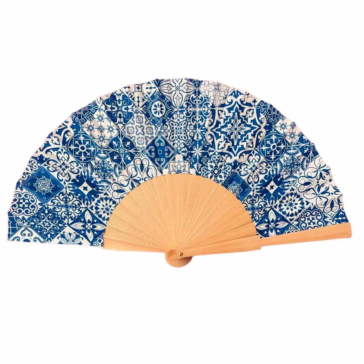 Ventaglio in tessuto e manico in legno con decorazione maiolica