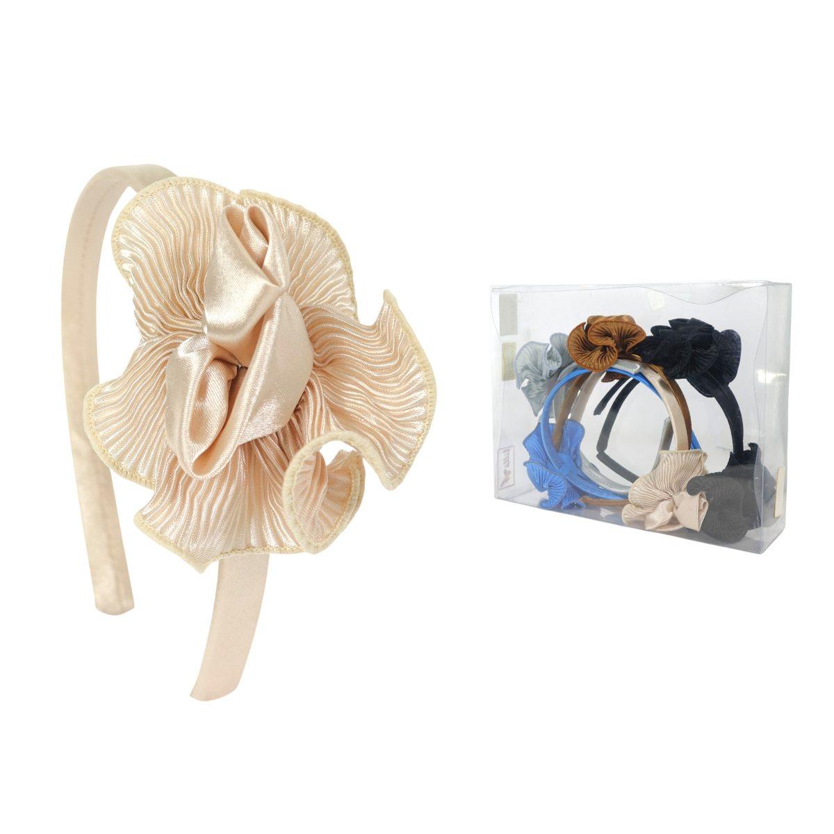 Cerchietto per capelli in raso con fiore plissè