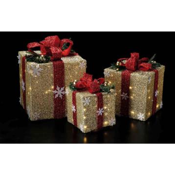Set 3 pacchi dono natalizi in plastica e tessuto oro con 14 LED (funzionamento a pila 3AA x 1,5V)