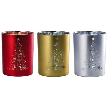 Porta tealight natalizio in vetro ass. 3 colori d10 h12,5cm
