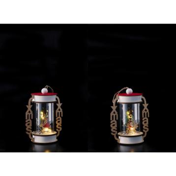 Lanterna natalizia in mdf e vetro con 5 LED (funzionamento a pila 2AAAx1,5V) ass. 2 modelli 16x10h19,5cm