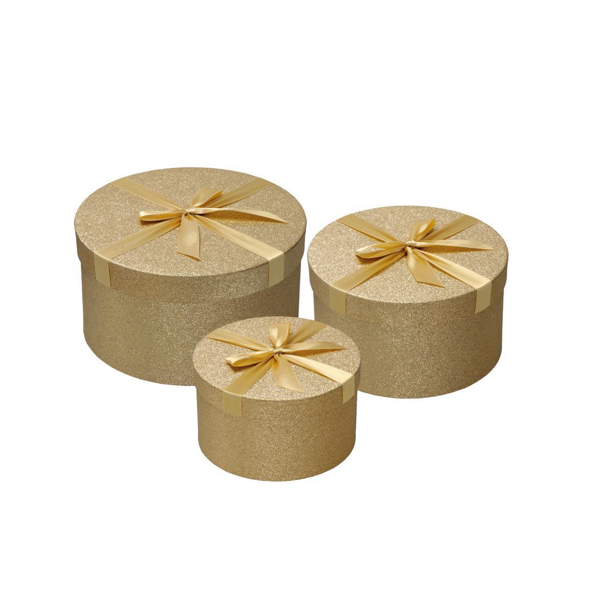 Set 3 scatole natalizie rotonde in cartone con nastro oro d16x9cm-d19x10,5cm-d22x12cm