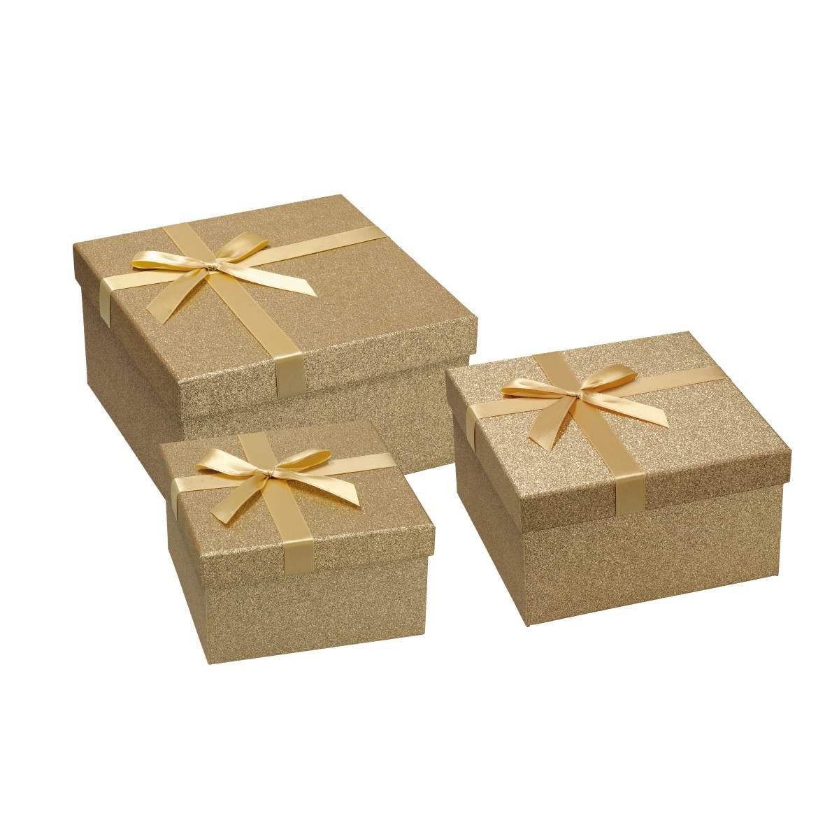 Set 3 scatole natalizie quadrate in cartone con nastro oro 16x16h9,5cm-19x19h10,5cm-22x22h12cm