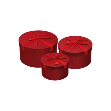 Set 3 scatole natalizie rotonde in cartone con nastro rosso d16x9cm-d19x10,5cm-d22x12cm