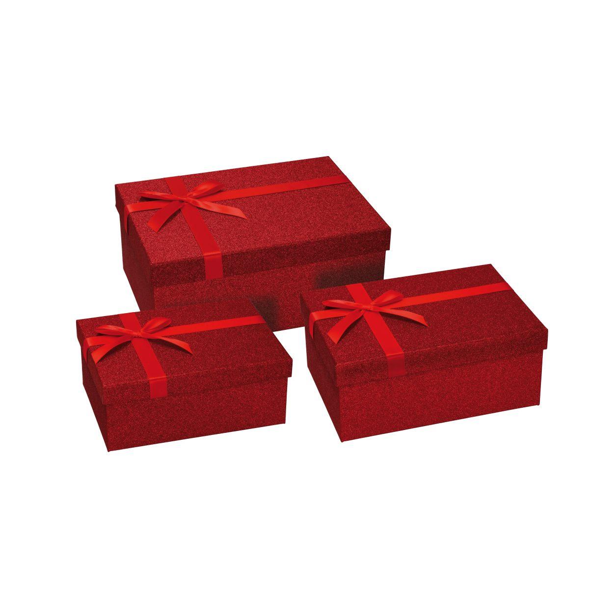 Set 3 scatole natalizie rettangolari in cartone con nastro rosso 22x16h9cm-25x18h10,5cm-28x20h12cm