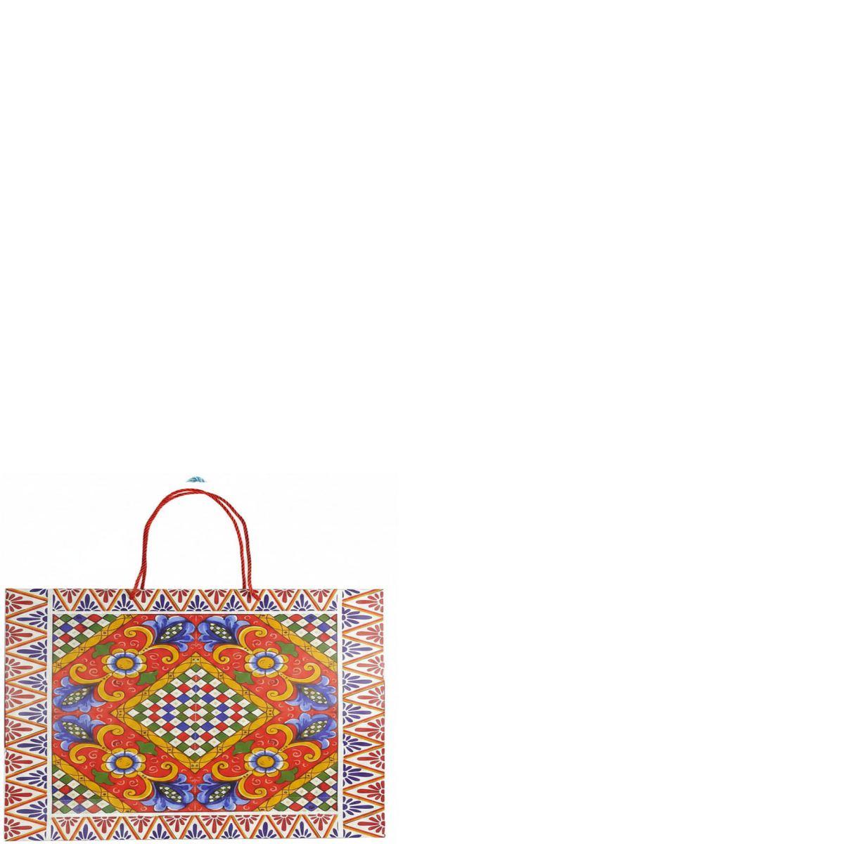 Shopper in carta h.22 x l.26 x p.8 cm manico in corda fantasia decorazioni siciliane