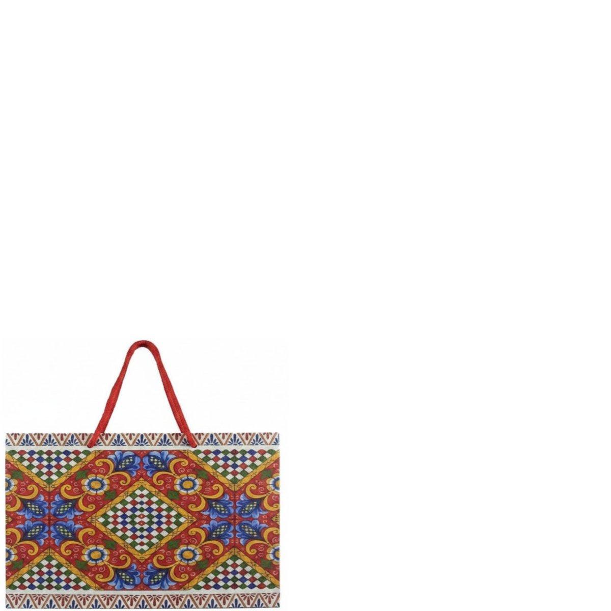 Shopper in carta h.22 x l.26 x p.8 cm manico in corda fantasia decorazioni siciliane