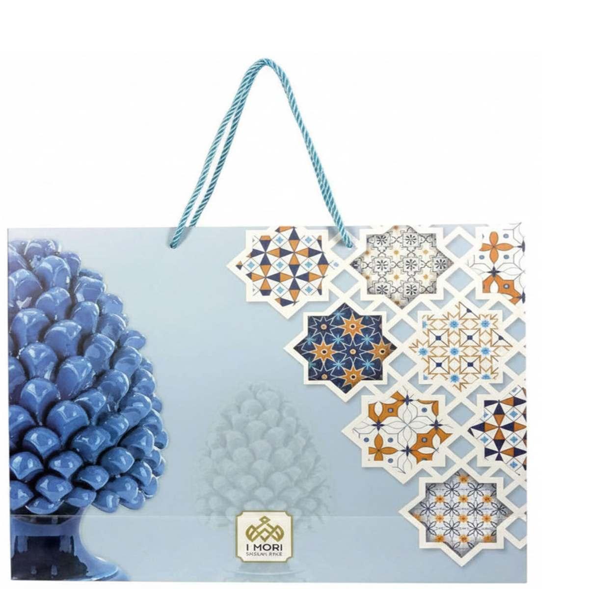 Shopper in carta h.49 x l.58 x p.15 cm decorazioni siciliane e manico in corda