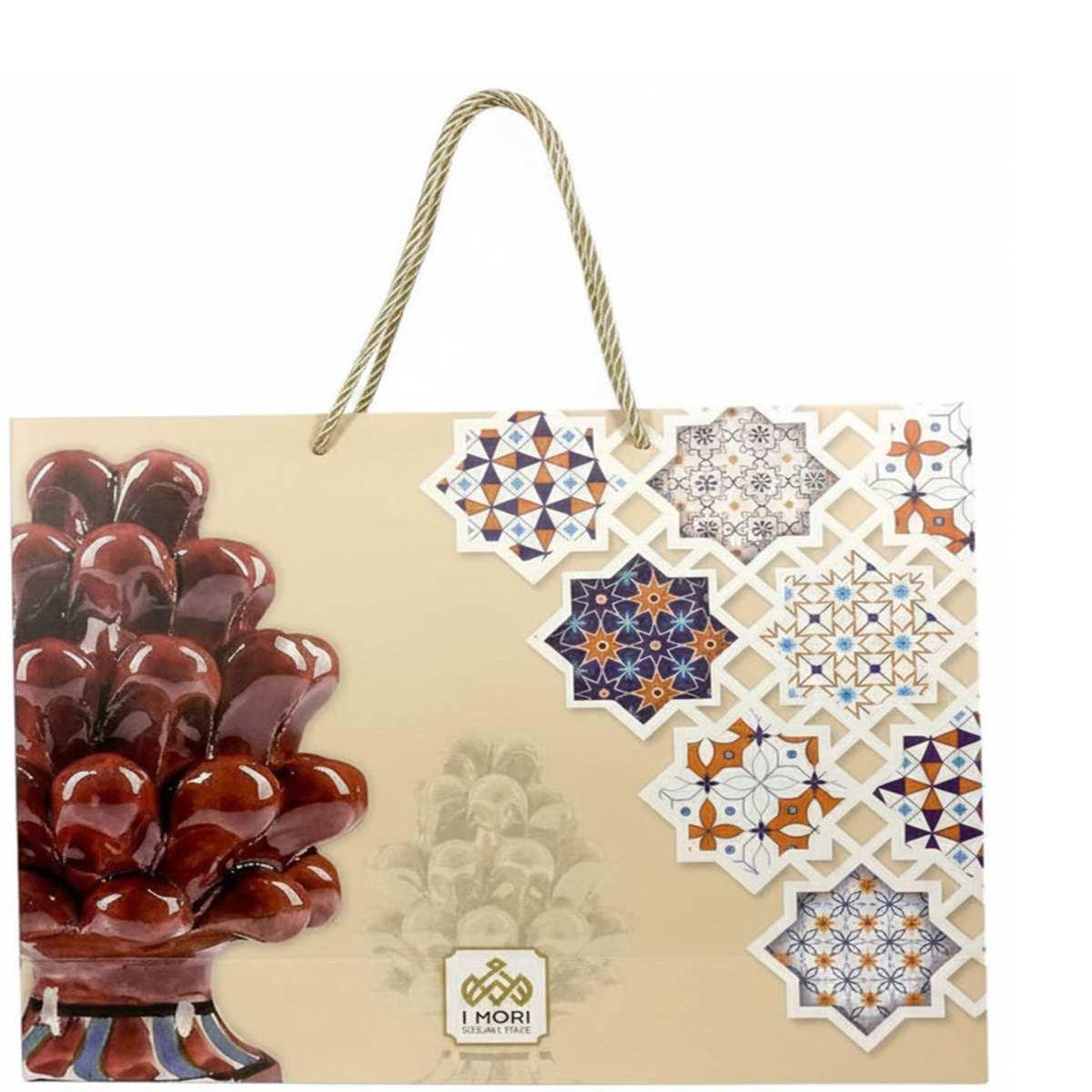Shopper in carta h.49 x l.58 x p.15 cm decorazioni siciliane e manico in corda
