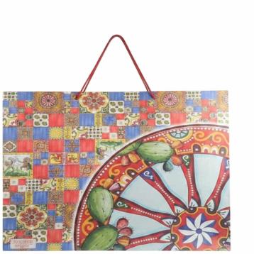 Shopper in carta h.49 x l.58 x p.15 cm decorazioni siciliane e manico in corda