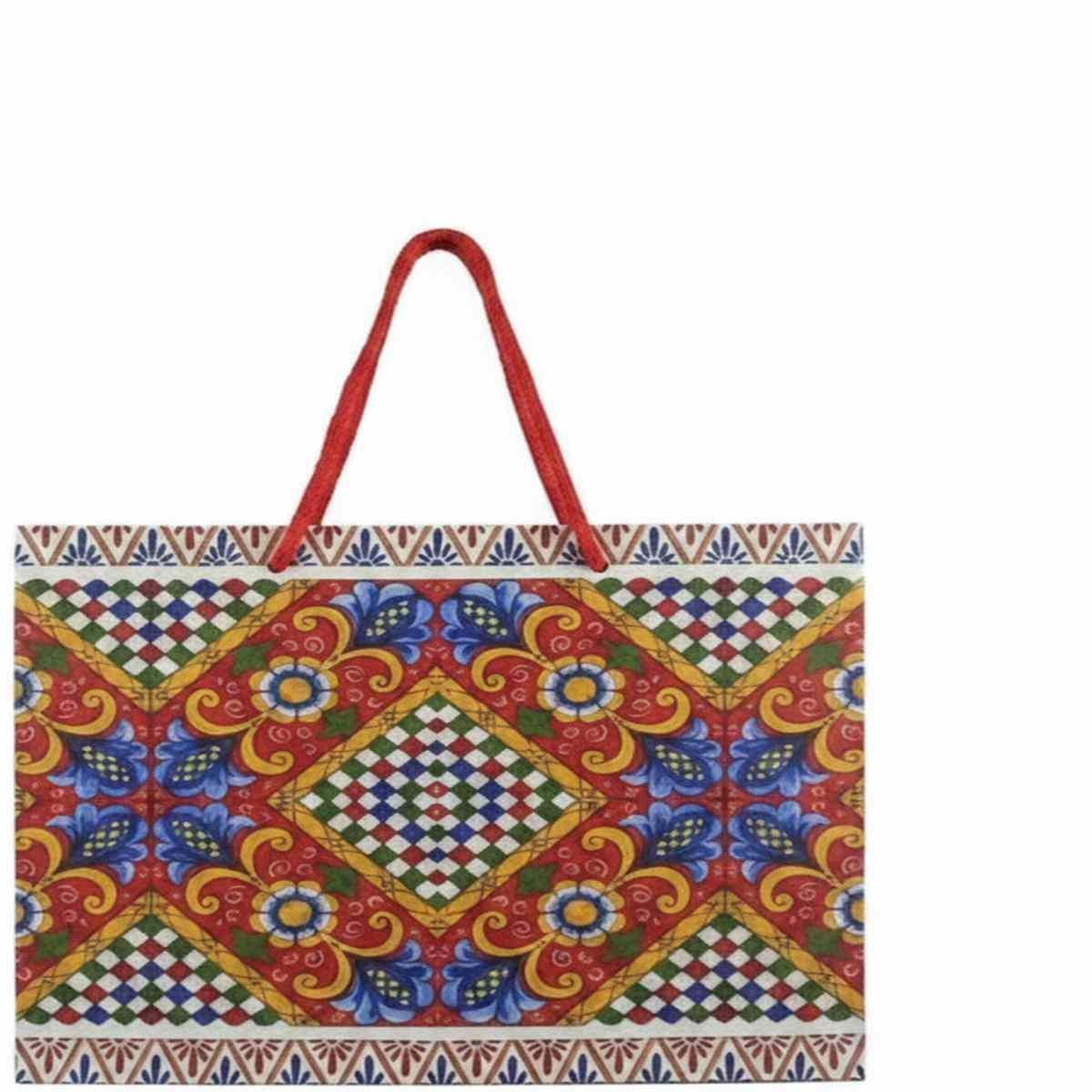 Shopper in carta h.38 x l.43 x p.15 cm fantasia decorazioni siciliane e manico in corda