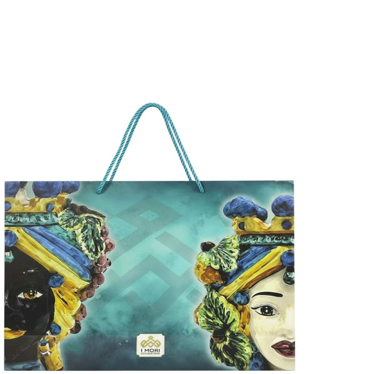 Shopper in carta h.38 x l.43 x p.15 cm fantasia decorazioni siciliane e manico in corda