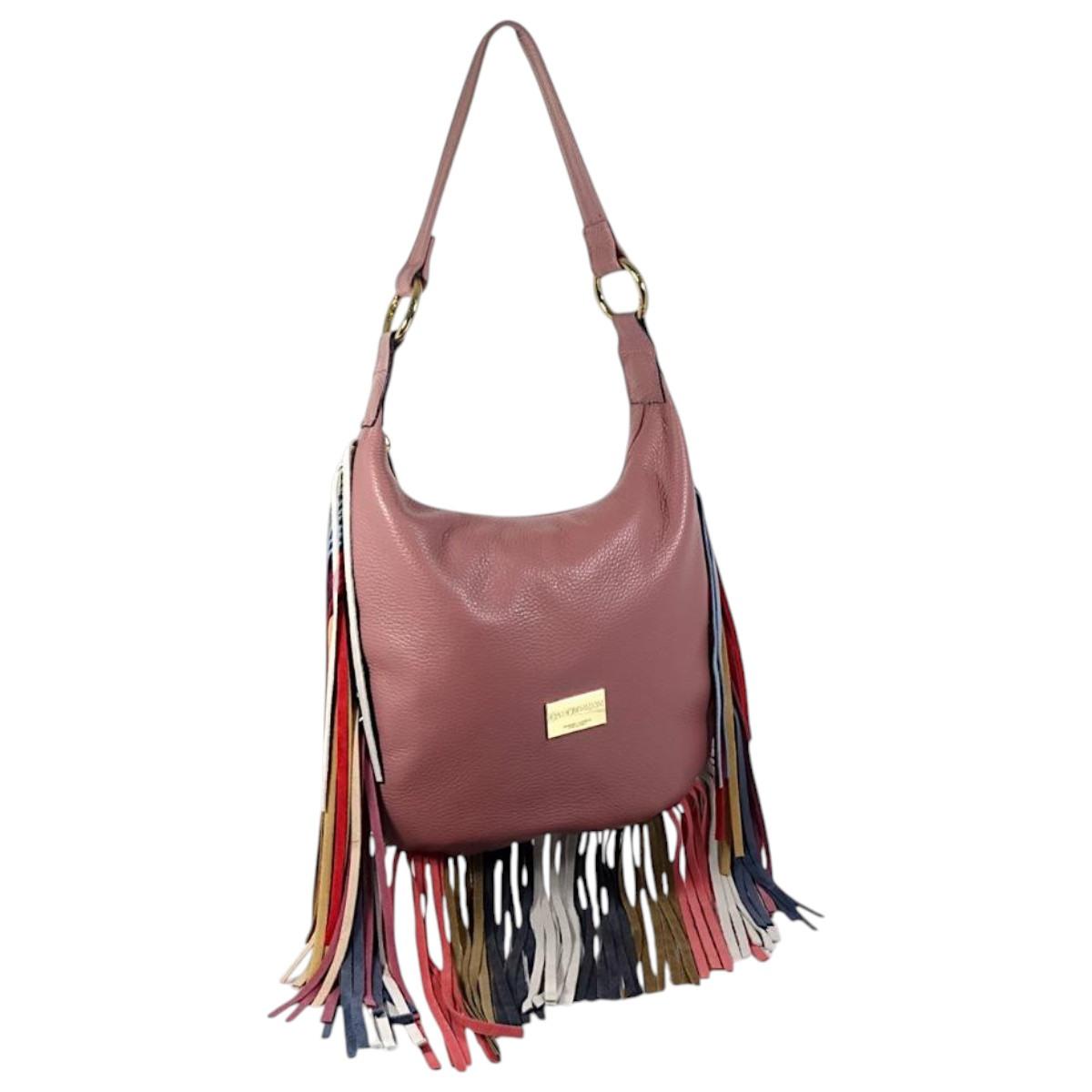 Borsa donna in vera pelle con frange in camoscio Capoverde Made in Italy