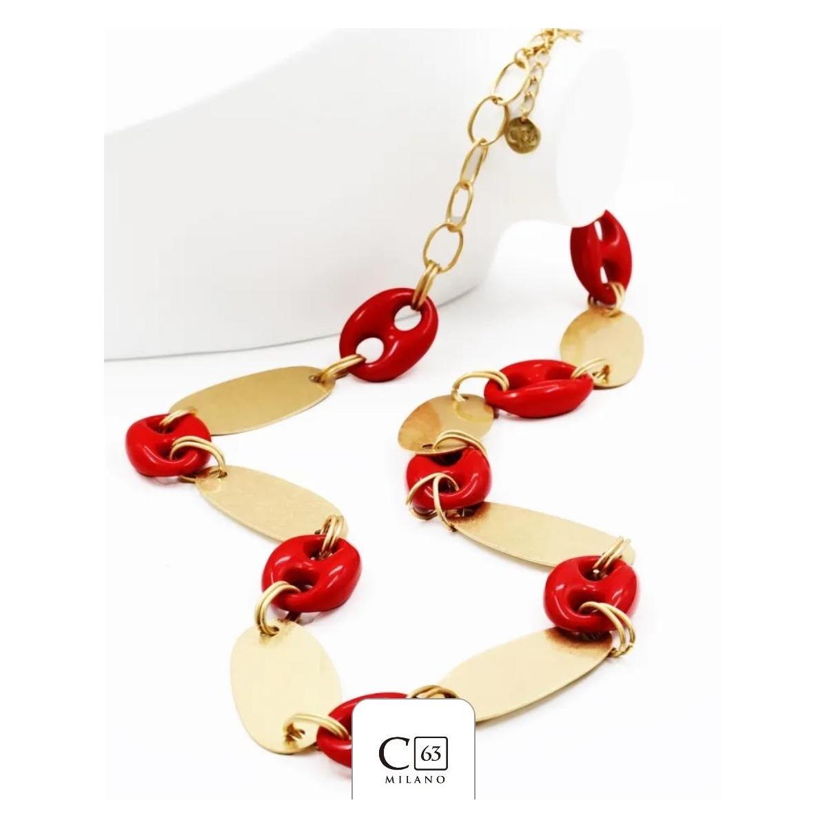 Collana donna C63 con foglie di metallo e anelli in resina