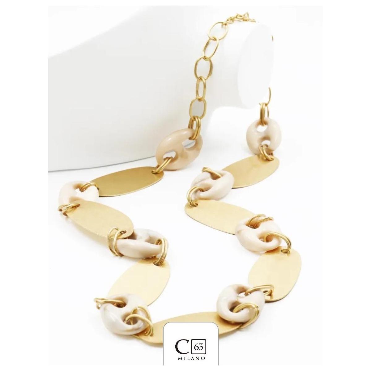 Collana donna C63 con foglie di metallo e anelli in resina