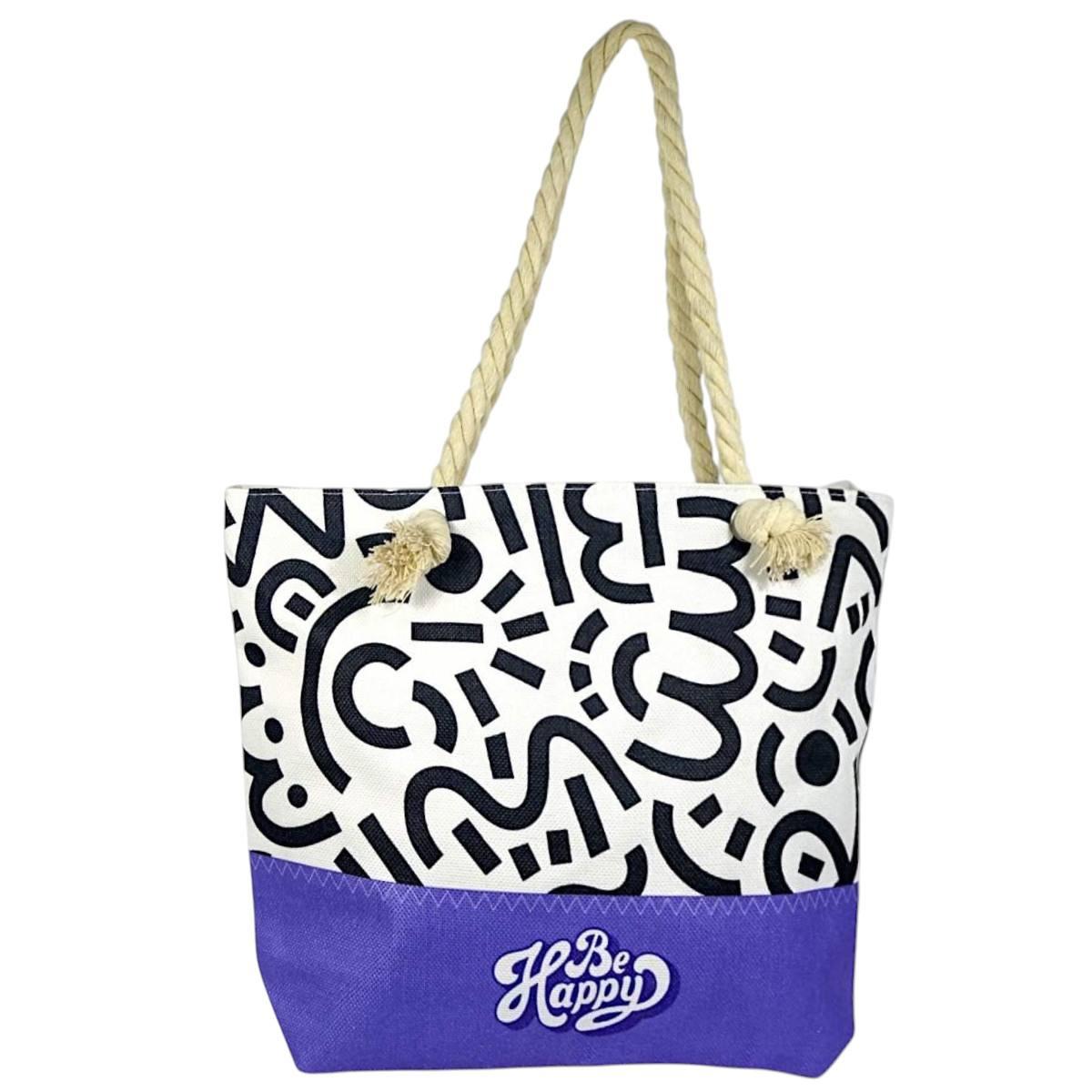 Borsa mare donna con manici in corda e cerniera motivo astratto geometrico doodle Verve