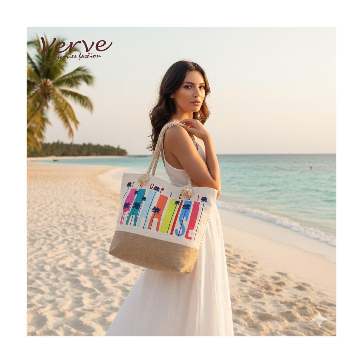 Borsa mare donna con manici in corda e cerniera fantasia palme Verve