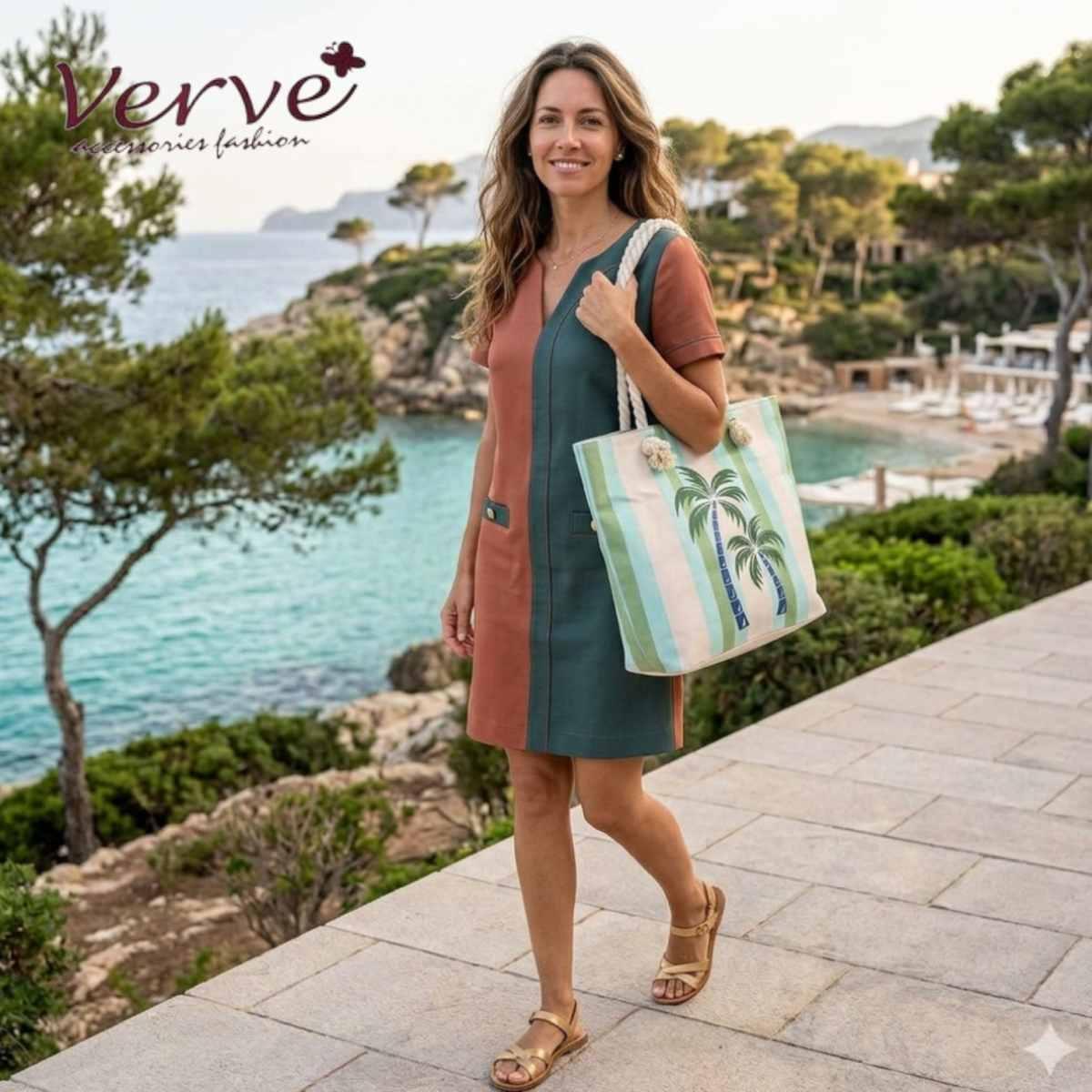 Borsa mare donna con manici in corda e cerniera motivo a righe verticali e palme Verve