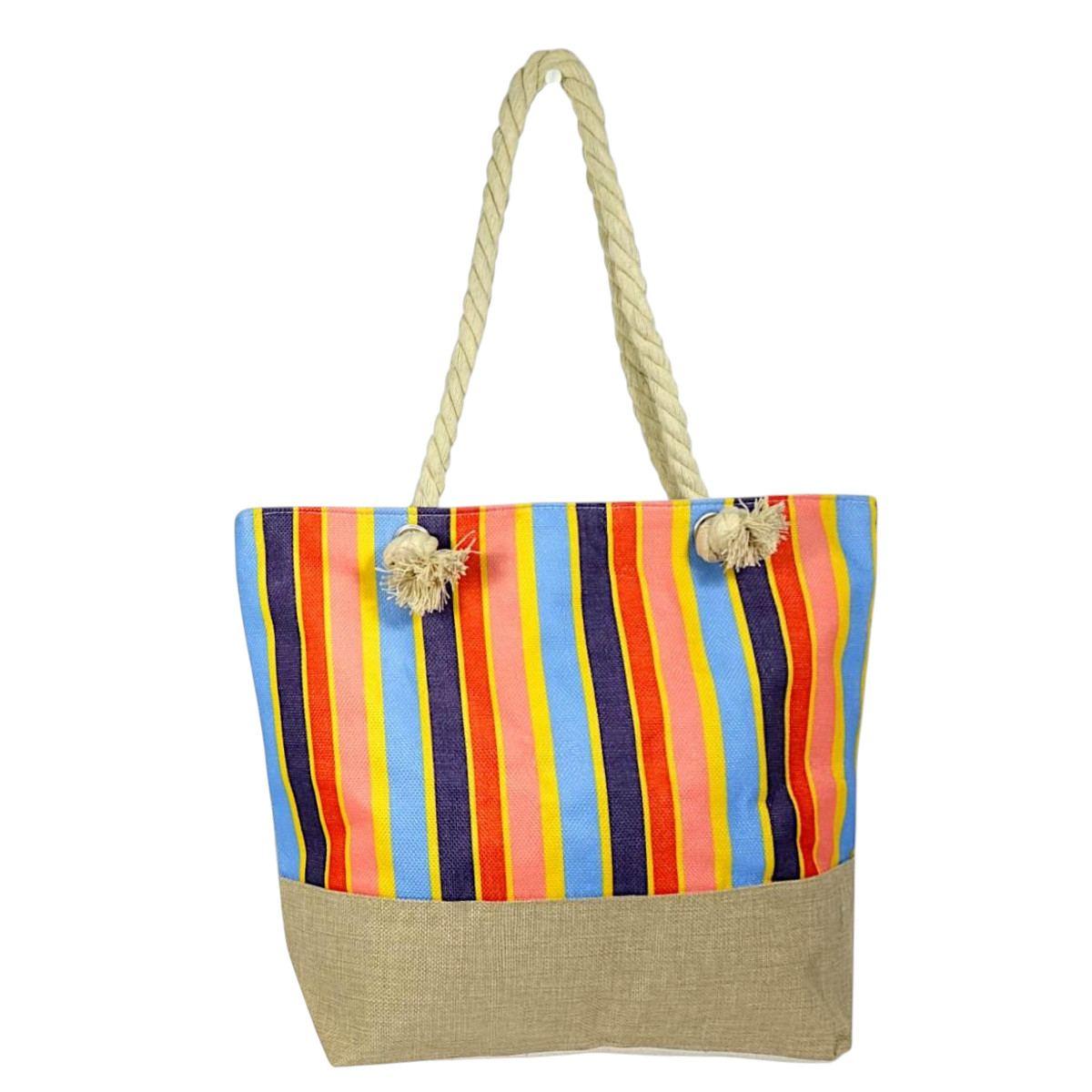 Borsa mare donna con manici in corda e cerniera motivo a righe verticale colorate Verve