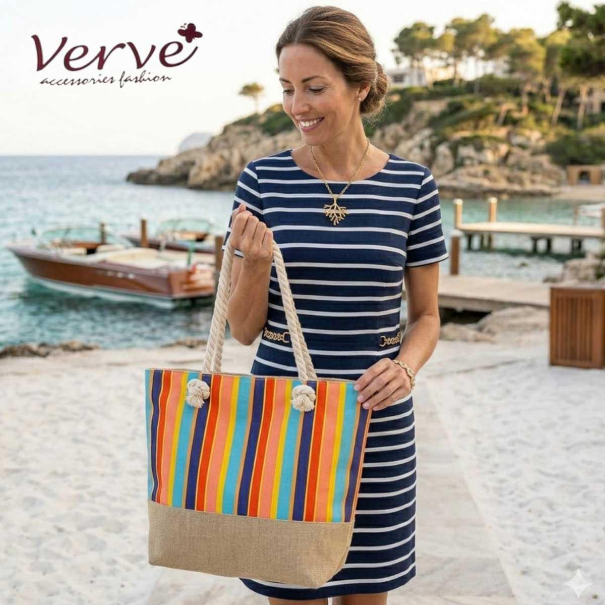 Borsa mare donna con manici in corda e cerniera motivo a righe verticale colorate Verve