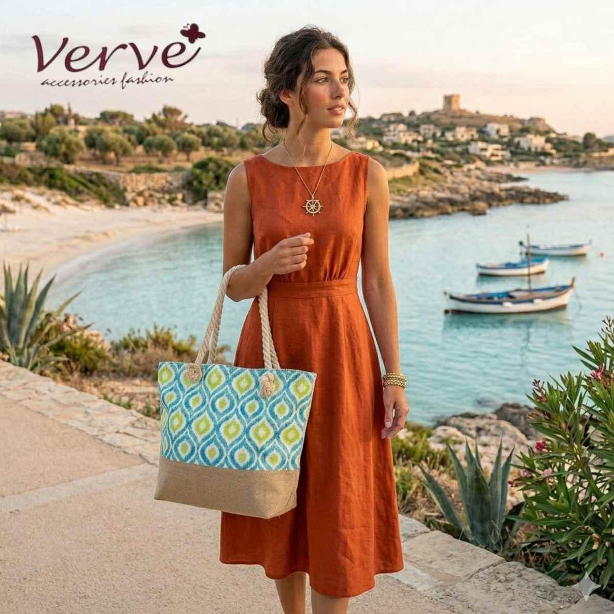 Borsa mare donna con manici in corda e cerniera motivo geometrico astratto Verve
