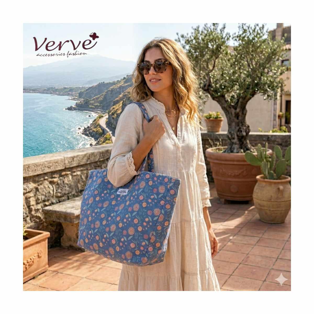 Borsa mare blu donna stampa floreale Verve