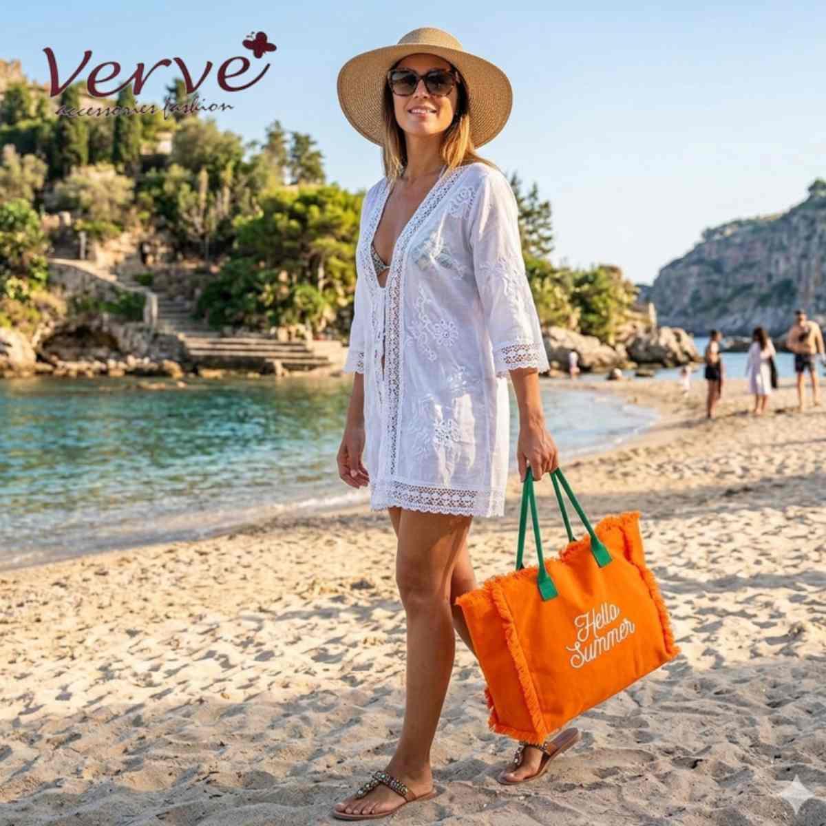 Borsa mare donna arancione con manici verdi aperta e sfrangiata ''Hello Summer'' Verve