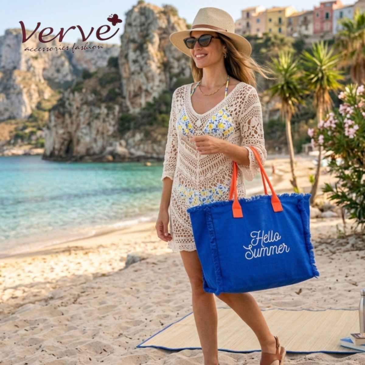 Borsa mare donna blu con manici arancioni aperta e sfrangiata ''Hello Summer'' Verve
