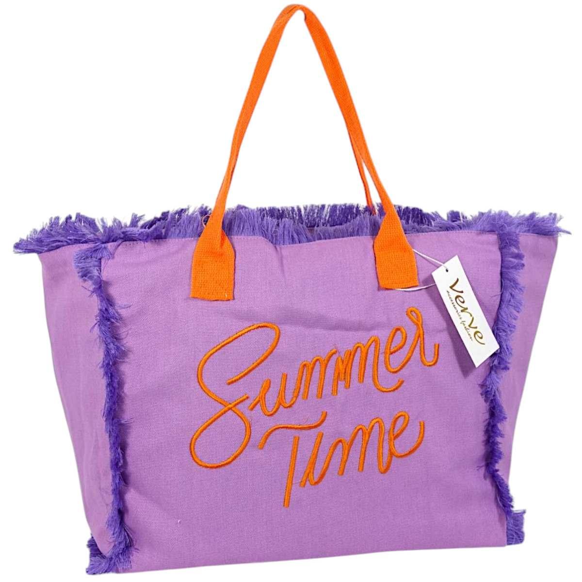 Borsa mare donna viola con manici arancioni aperta e sfrangiata Summer Time Verve
