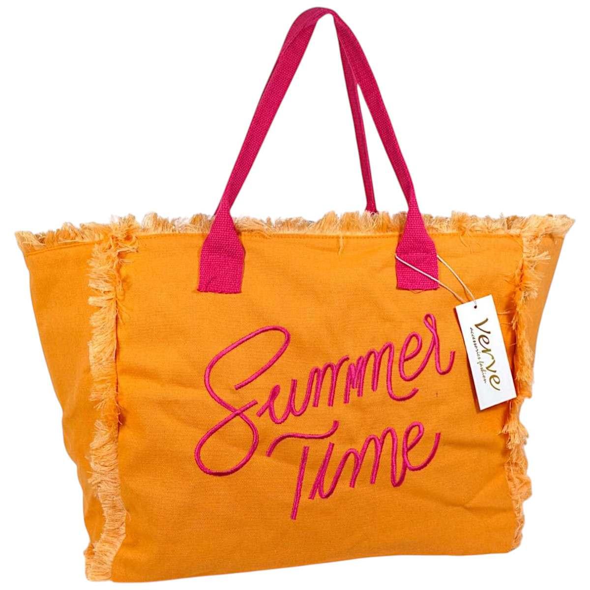 Borsa mare donna arancione con manici fucsia aperta e sfrangiata Summer Time Verve