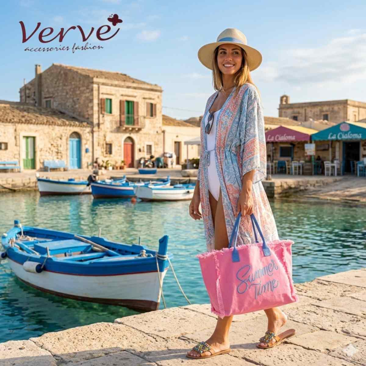 Borsa mare donna rosa con manici azzurri aperta e sfrangiata ''Summer Time'' Verve