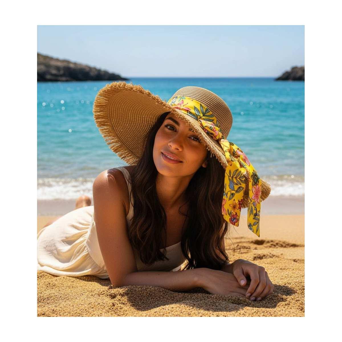 Cappello mare donna a falda larga sfrangiata e fiocco Verve