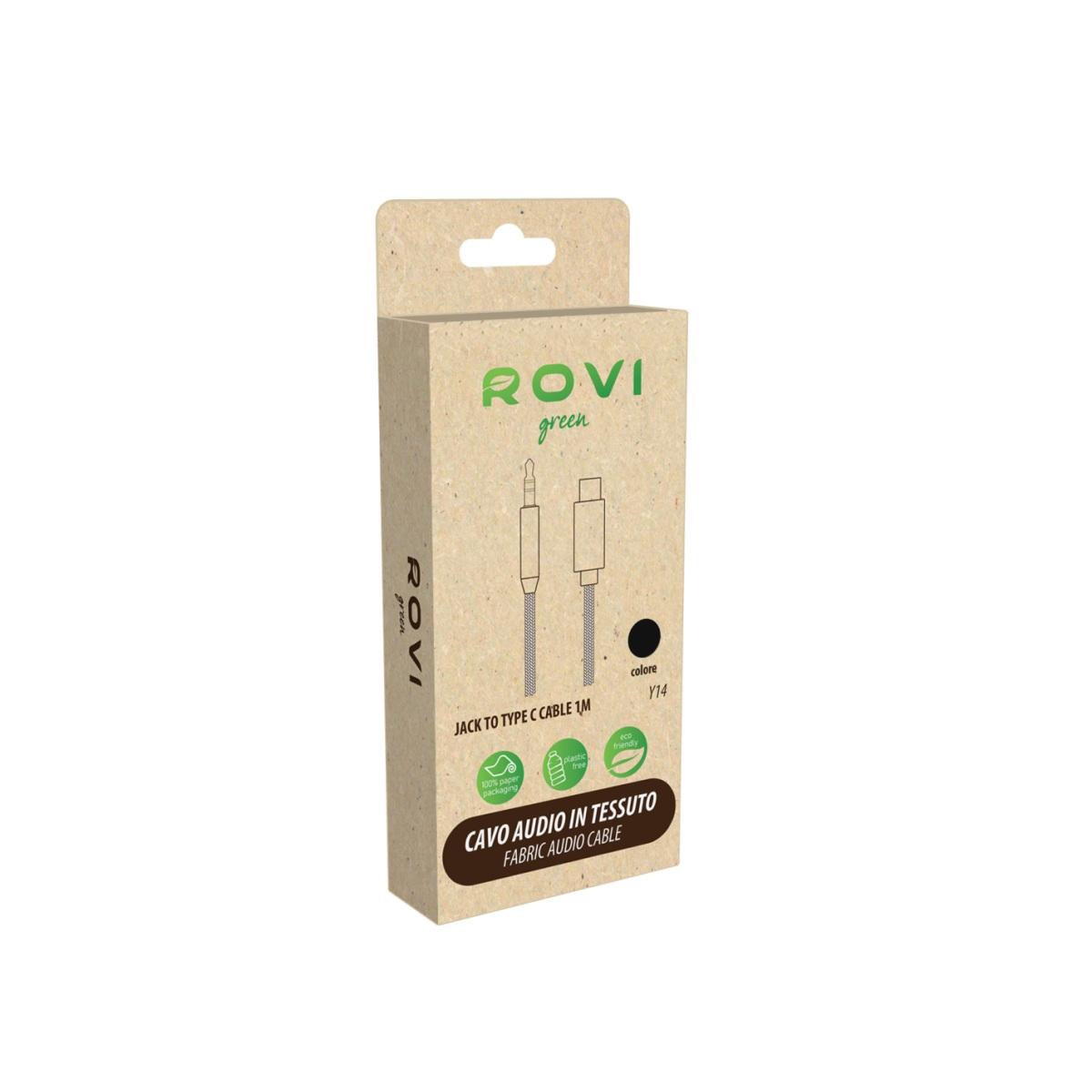 Aux cavo audio Y14 in tessuto NERO jack 3,5mm Type-c 100cm Rovi
