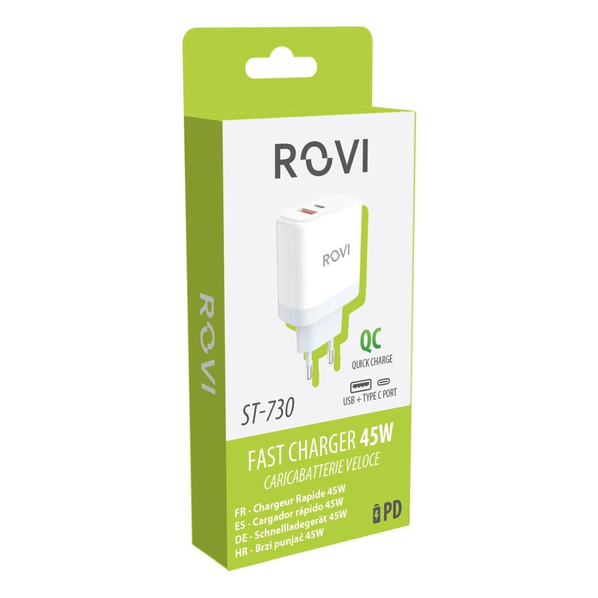Caricatore da muro rapido ST730 GaN 1 porta USB-C e 1 USB 45W Rovi