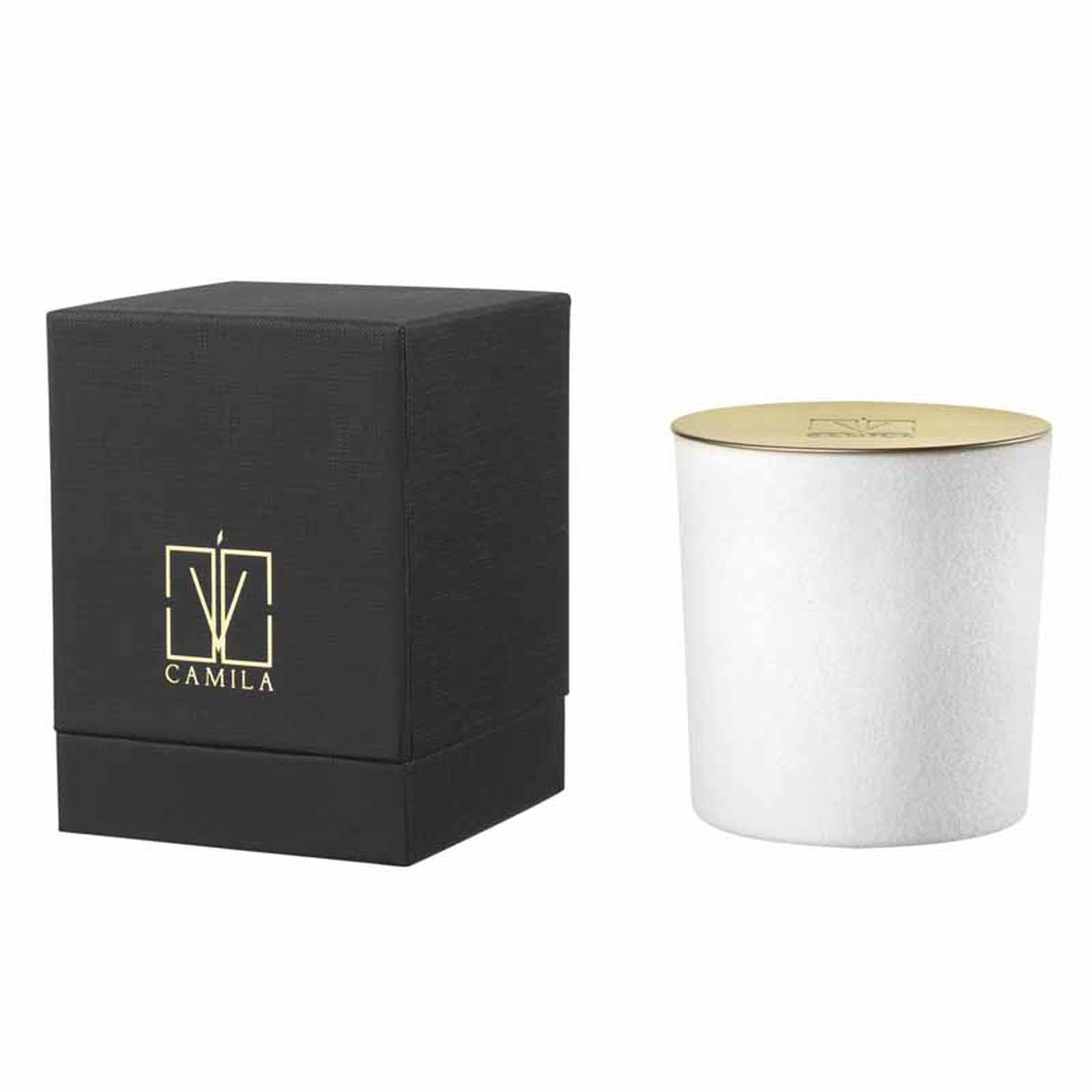 Candela profumata velluto 200 gr. bianco tappo oro aloe 9x h.9 cm Camila