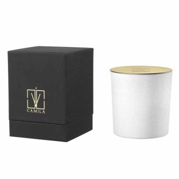 Candela profumata velluto 200 gr. bianco tappo oro aloe 9x h.9 cm Camila
