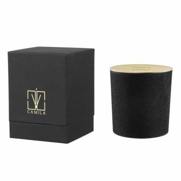 Candela profumata velluto 200 gr. nero tappo oro uva e vino 9x h.9 cm Camila