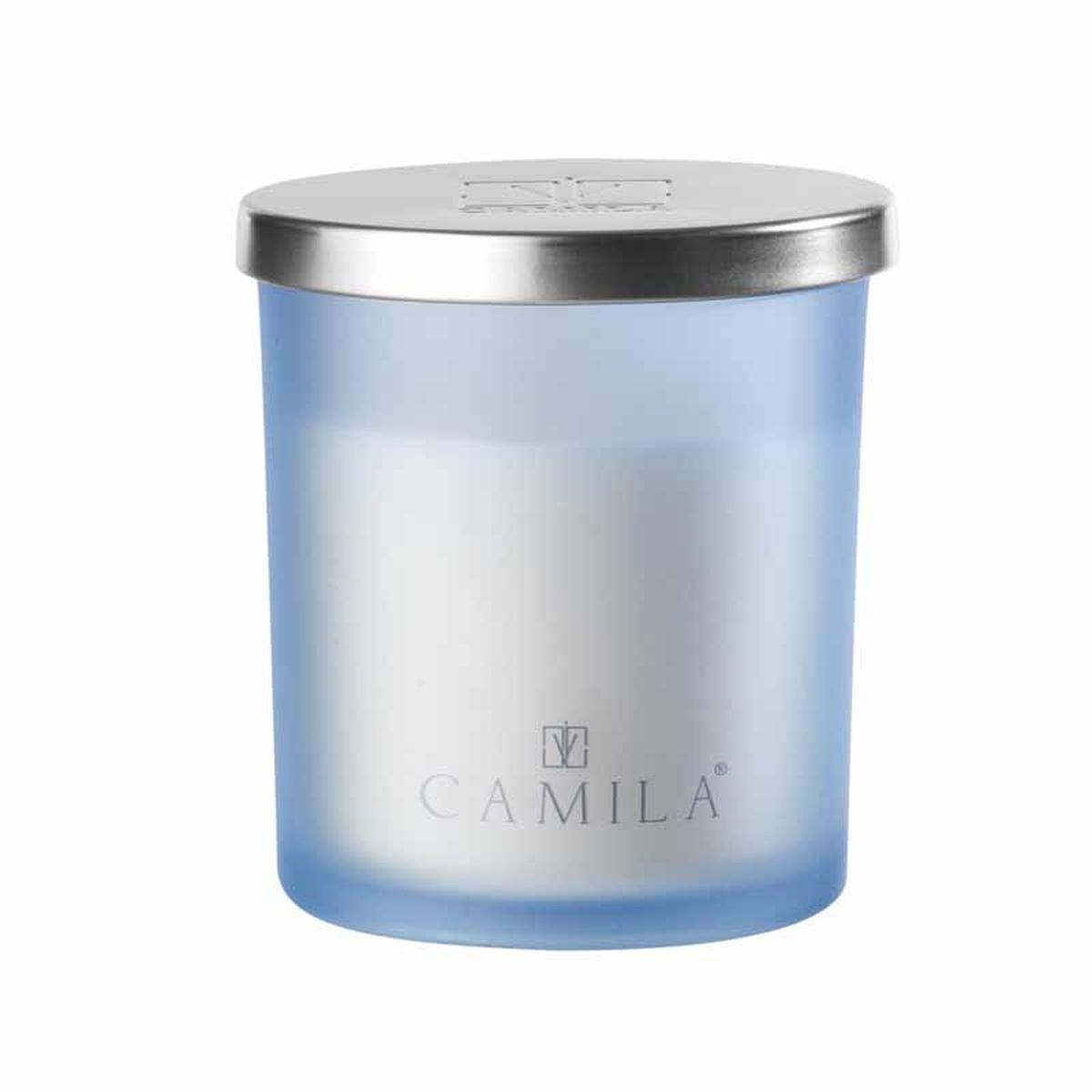 Candela profumata Capri Silver 140 gr. satinato celeste fichi e mandorle 7,5x  h.8 cm Camila